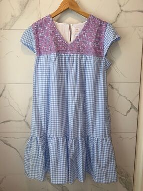 J. Marie Blue Gingham Casual Dress with Pink Embroidered Yoke
